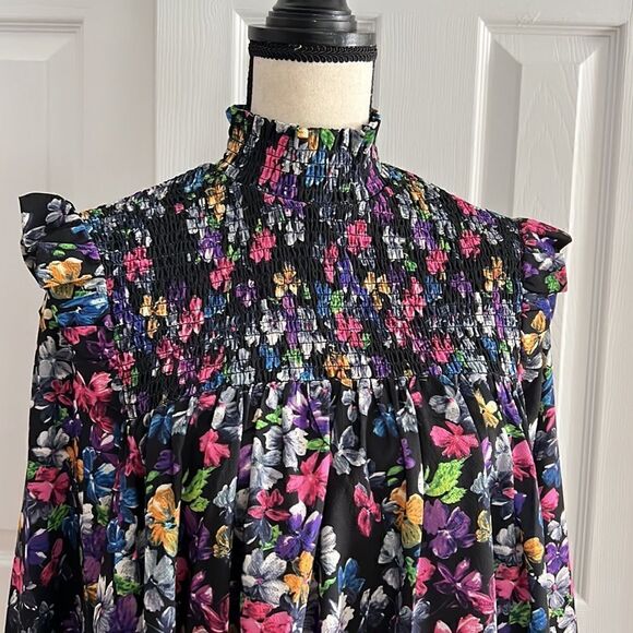 French  Connection Alianna Drape Smocked Top in Moody Floral Print - Picture 3 of 12